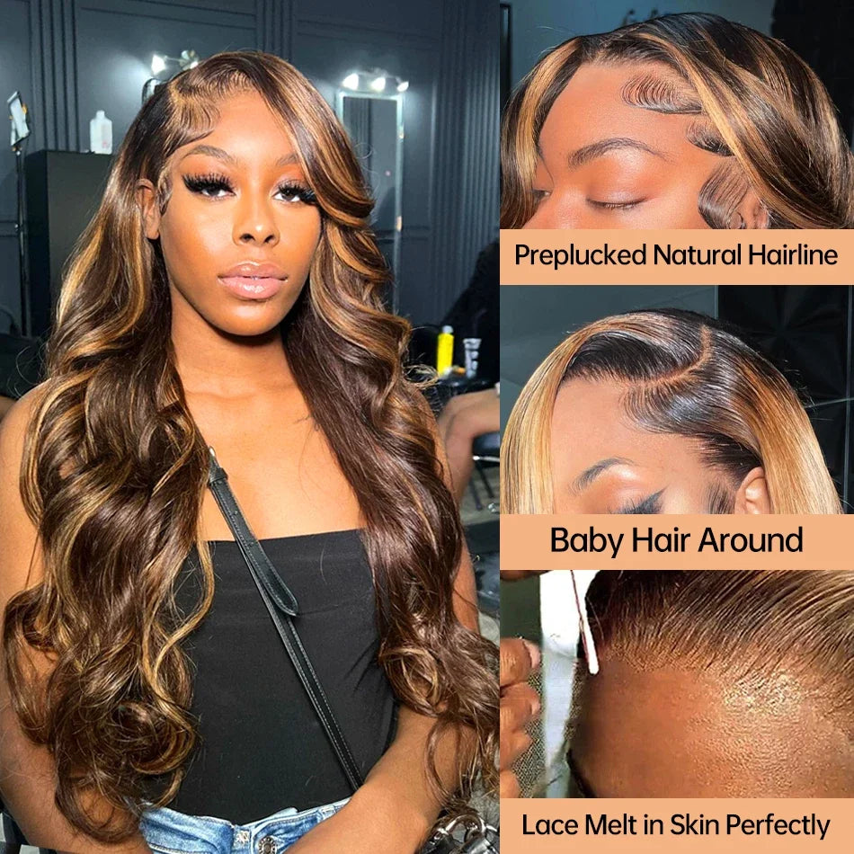30 40 Inch 4/27 Highlight Body Wave 13x6 Lace Front Wig Brown Color 13x4 HD Lace Frontal Wig Ombre Blonde Human Hair Wig