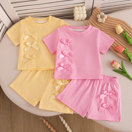 Baby Girl Set Summer Solid-Color Bow Short-Sleeve Top and Shorts Baby Girl Clothes Cute Beach Baby Outfit Set