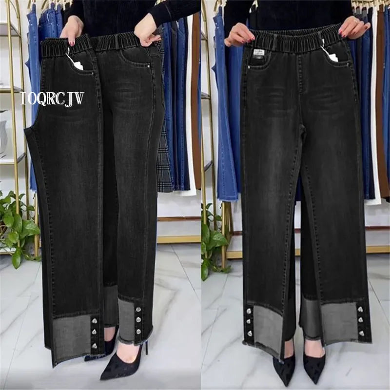 Plus Size Middle Aged Womens Jeans Elastic Waist High Waist Loose Denim Pants