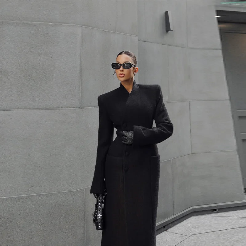 Elegant Long Coat Women V-neck Solid Slim Single-breasted Waist-closed Jackets Lady 2026 Spring Chic Female Streetwear