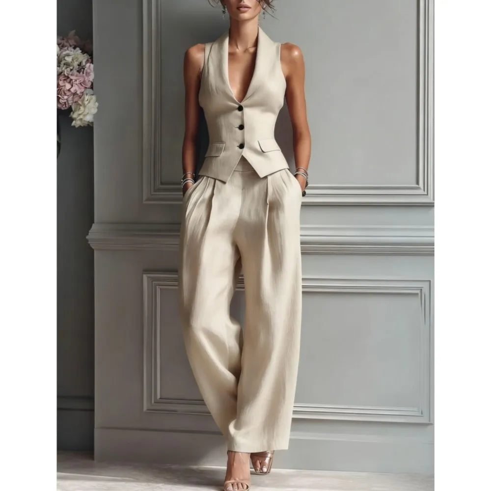 Summer New Fashion Single-breasted Sleeveless Top + Trousers 2-piece Set Women's 2026 Slim Vest Suit Collar Trousers Office Suit