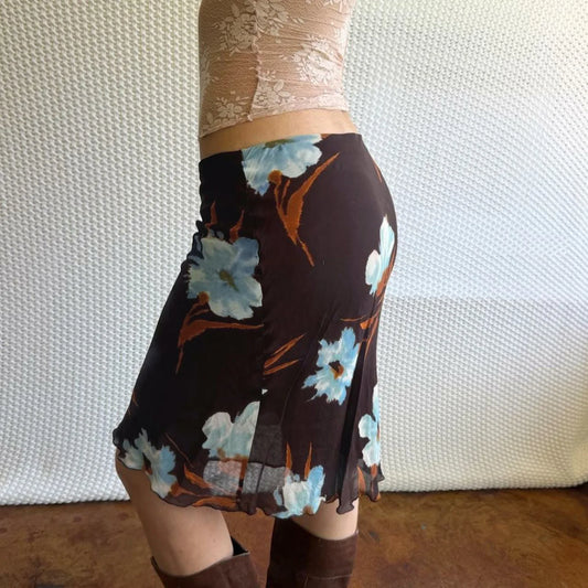 Straight Netting Skirt Vintage Floral Print Double Bodycon Midi Dress Elegant Versatile Spring Summer Ladies Party Casual Wear