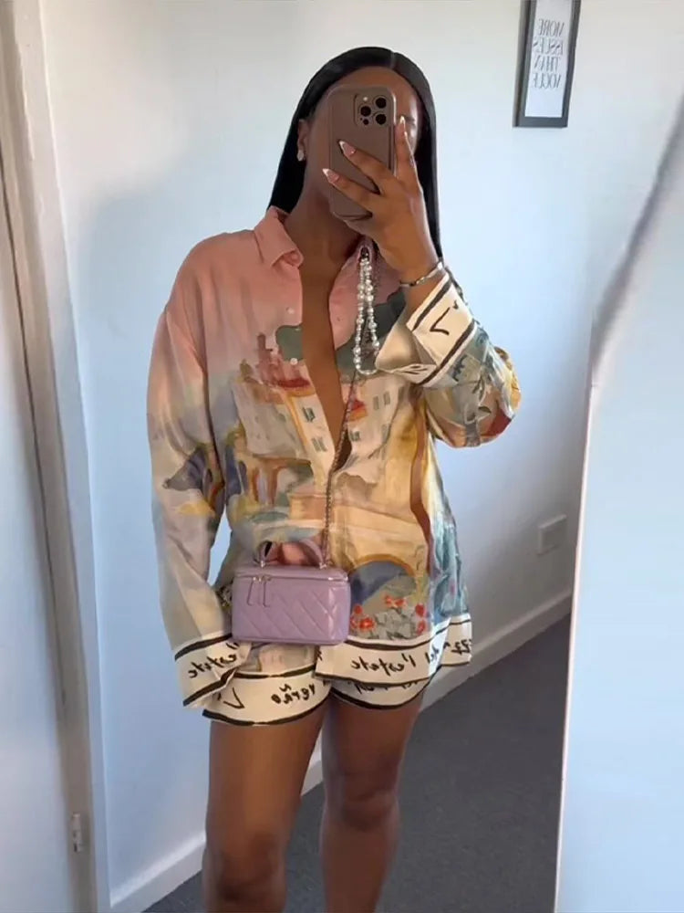 Floral Print Women Two Piece Set With Turn Down Collar Summer Casual Suit