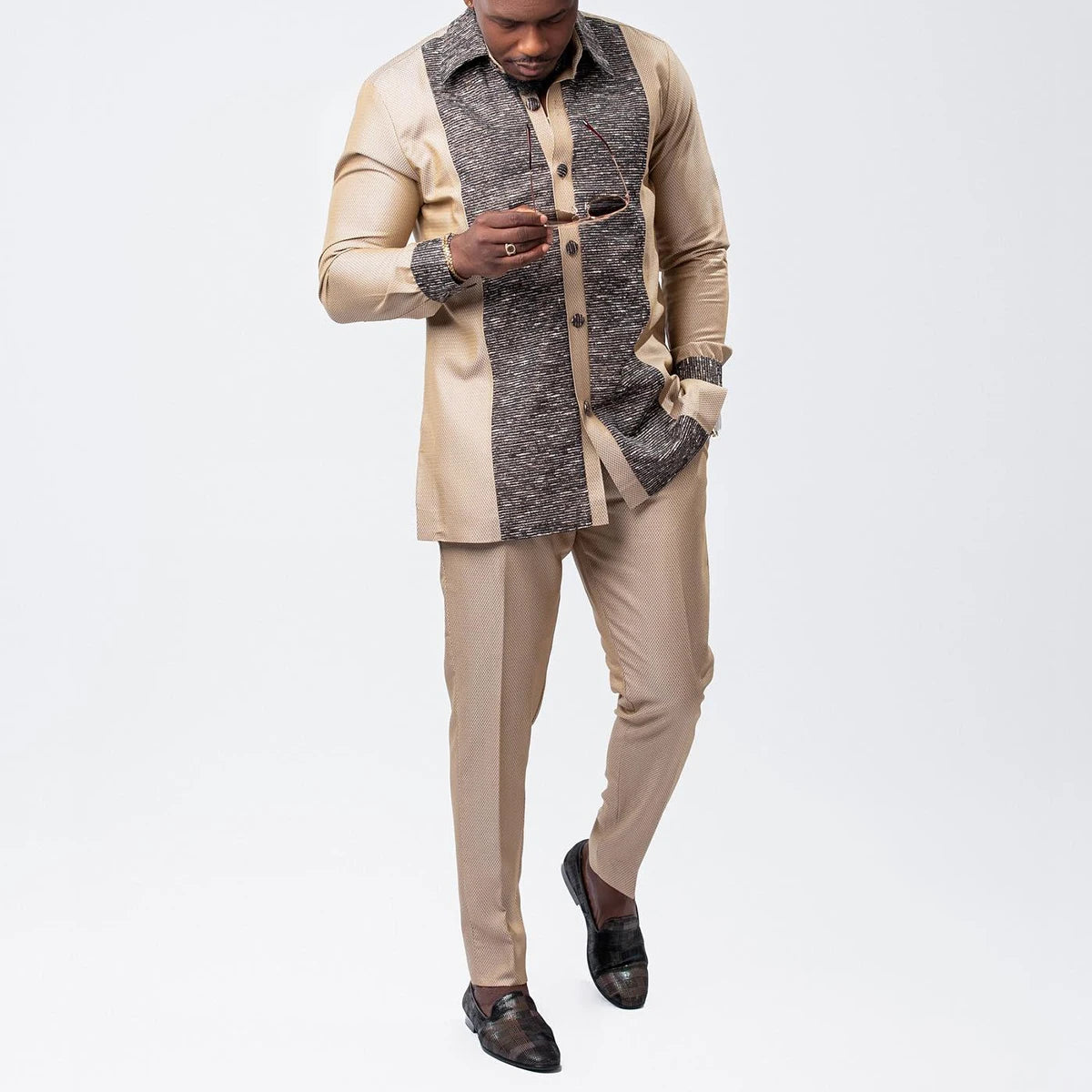 African traditional dress men's suit Long sleeve ethnic style printed patchwork shirt casual pants 2 piece holiday casual suit