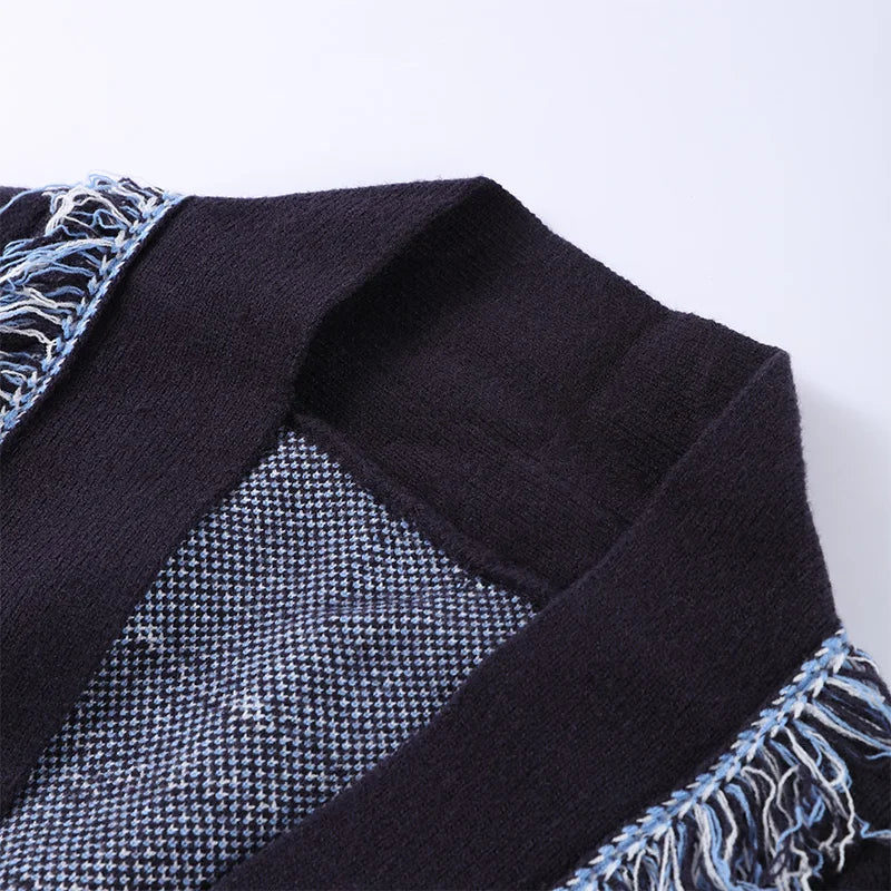 Elegant Print Tassel Cardigan Women Belt V-neck Long Sleeve Loose Knitted Sweaters Female 2025 Autumn Winter Chic Knitwears Lady