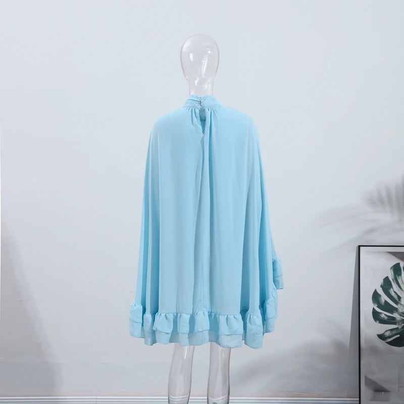 Summer Ruffles Short Dress Women Turtleneck Pleated Loose Turtleneck Flare Sleeve Robes 2025 Fashion Lady Party Holiday Gowns
