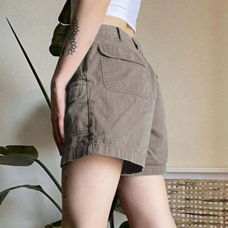 Straight Cargo Shorts Women Fashion American Retro Simple Leisure All-match Hot Summer Streetwear Mid Waist Pockets Designer Ins
