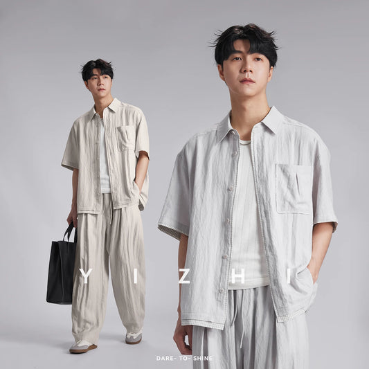 Fashion Men's Lyocell Linen 2-Piece Set 2026 Summer Turn-Down Collar Loose Casual Cool Touch Shirt and Shorts Set