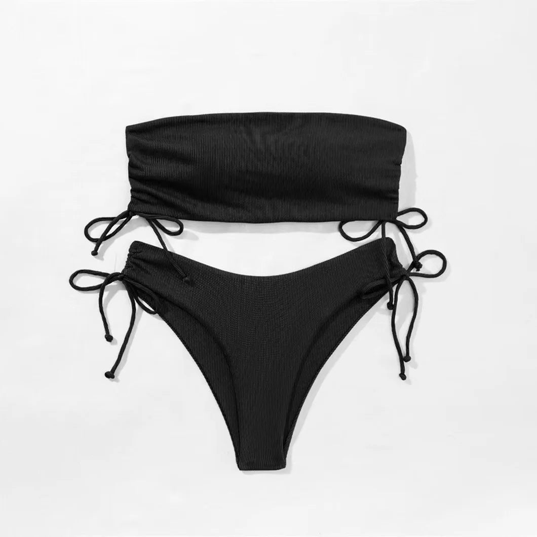 Fashionable ladies' two-piece swimsuits summer strapless bikini swimsuits solid-color strapless sexy swimsuits