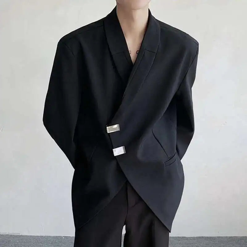 IEFB Metal Button Design Men's Blazers Shawl Collar Oblique Placket Design Casual Clothing Solid Color Male Suit Jackets 9W957