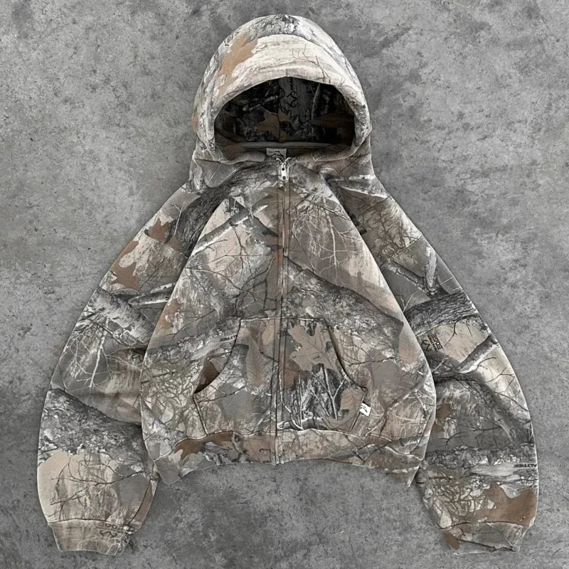 Sweatshirt Hoodie Y2K Retro zip up Camouflage Pattern zipper High Street Hip Hop Streetwear Oversized Unisex Camo Hoodie BAZAARHUBO