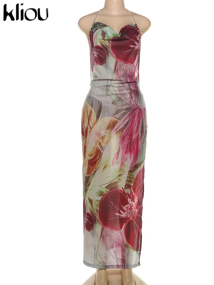 kliou Floral Print Women Dress Vacation Beach Style Suspendency Backless Halter Split Thin Vestidos Female Trend Attractive Wear