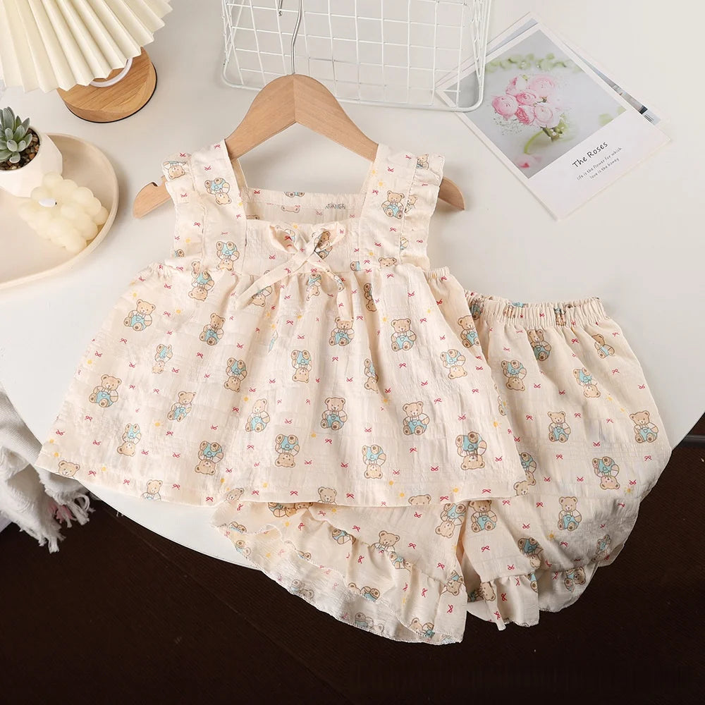 2026 Summer Girls Casual Clothes Set Strap Dress Top Floral Print Shorts Outfits Skin Friendly Playwear 2-8Y Kids Suits