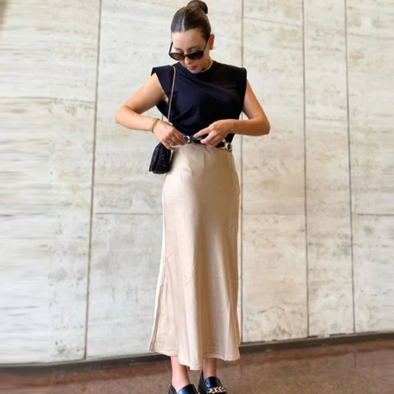HXAO 2025 Skirts For Women Black Satin Skirt Summer Elegant Women's Midi Skirts High Waist Smooth Skirts Green Flare Skirt 088