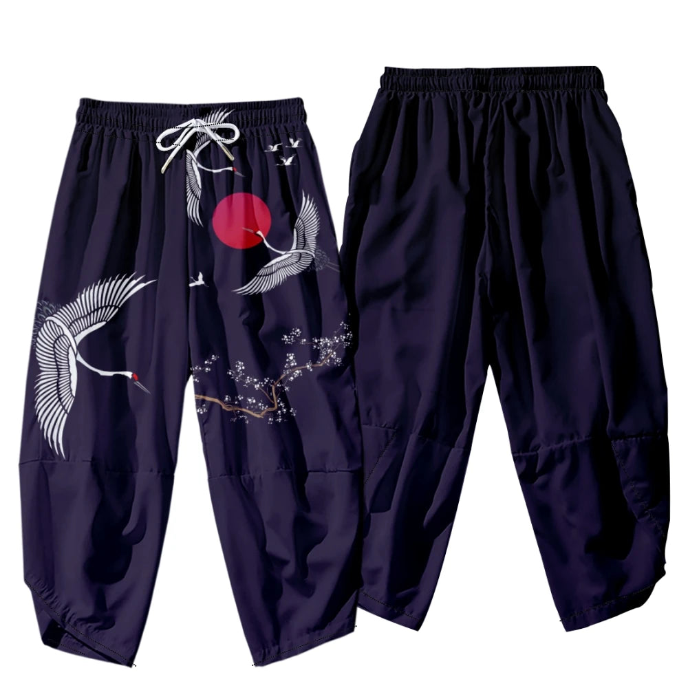 Men Yukata Style Harajuku Cardigan Traditional Japanese Great Wave of Kanagawa Crane Printed Trousers Asian Costume Kimono Pants