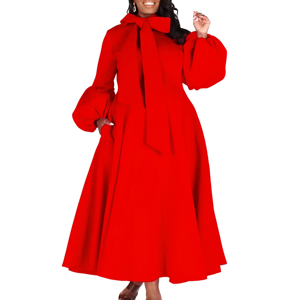 Church Dresses for Black Women African Vintage Fashion Bow Neck Formal Party Dress Ladies Elegant Swing Evening Dress Nice