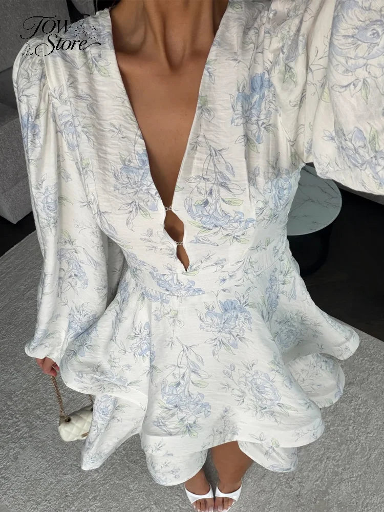 Elegant Floral Printed Waist-cinched Mini Dress Women Pleated Deep V-neck Long Sleeve Button-front Dresses Fashion Party Robe