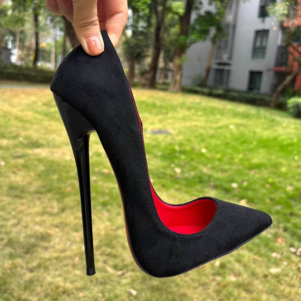 2026 Newly Black 16cm Ultra High Heels SEXY Suede Woman Pumps Slip on Pointed toe Flock Photograph T-stage Show Unisex Shoes