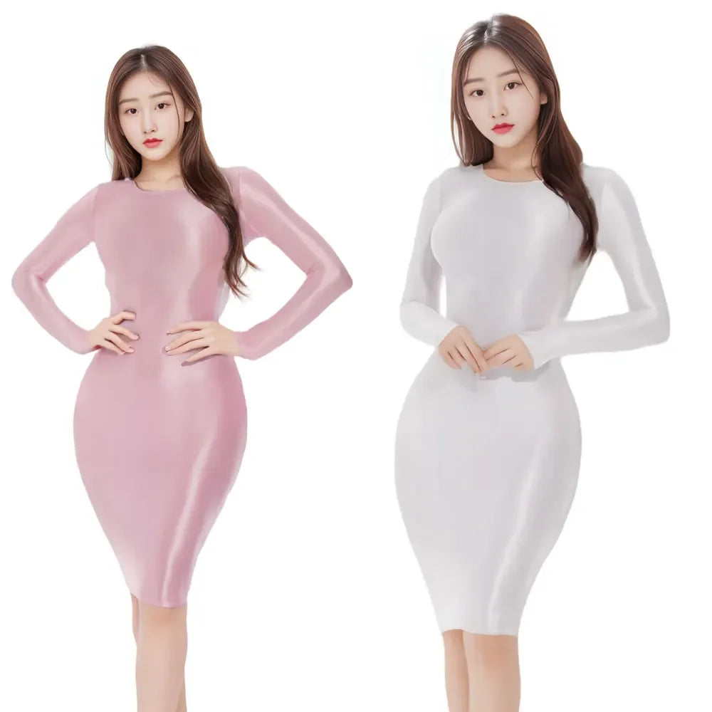 Sexy Satin Shiny Pencil Dresses Package Hip One Step Dresses Women's Elegant Party Bodycon Elastic Miniskirts New In Now