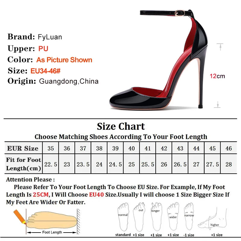 Black Patent Leather Women Ankle Strap Stiletto Pumps 10cm 12cm Professional High Heels Pointed Toe Sexy Summer Buckle Sandals