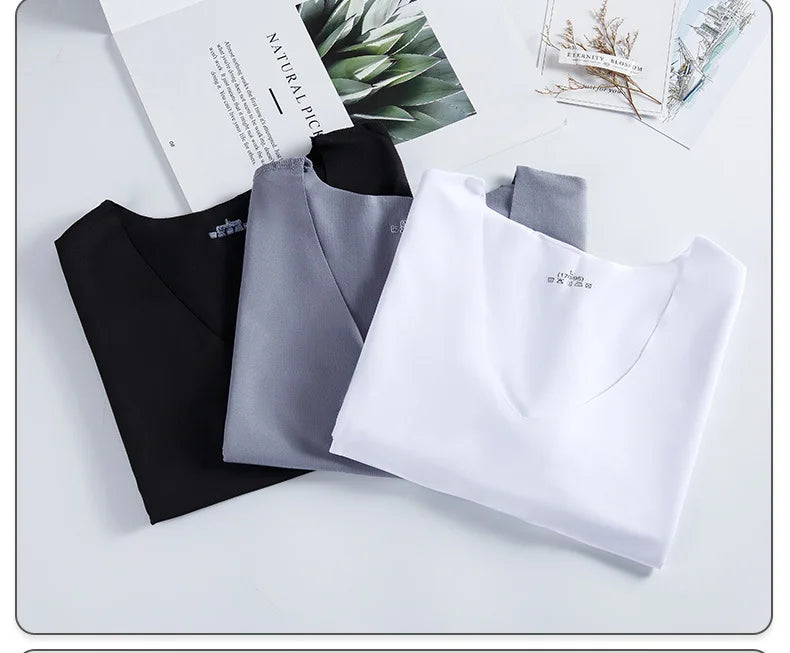 Ice Silk Men T-shirts Summer Seamless Sport Underwear Casual V-neck Thin T-shirts Quick Dry Shirt Tops Bottoming Shirt for Men