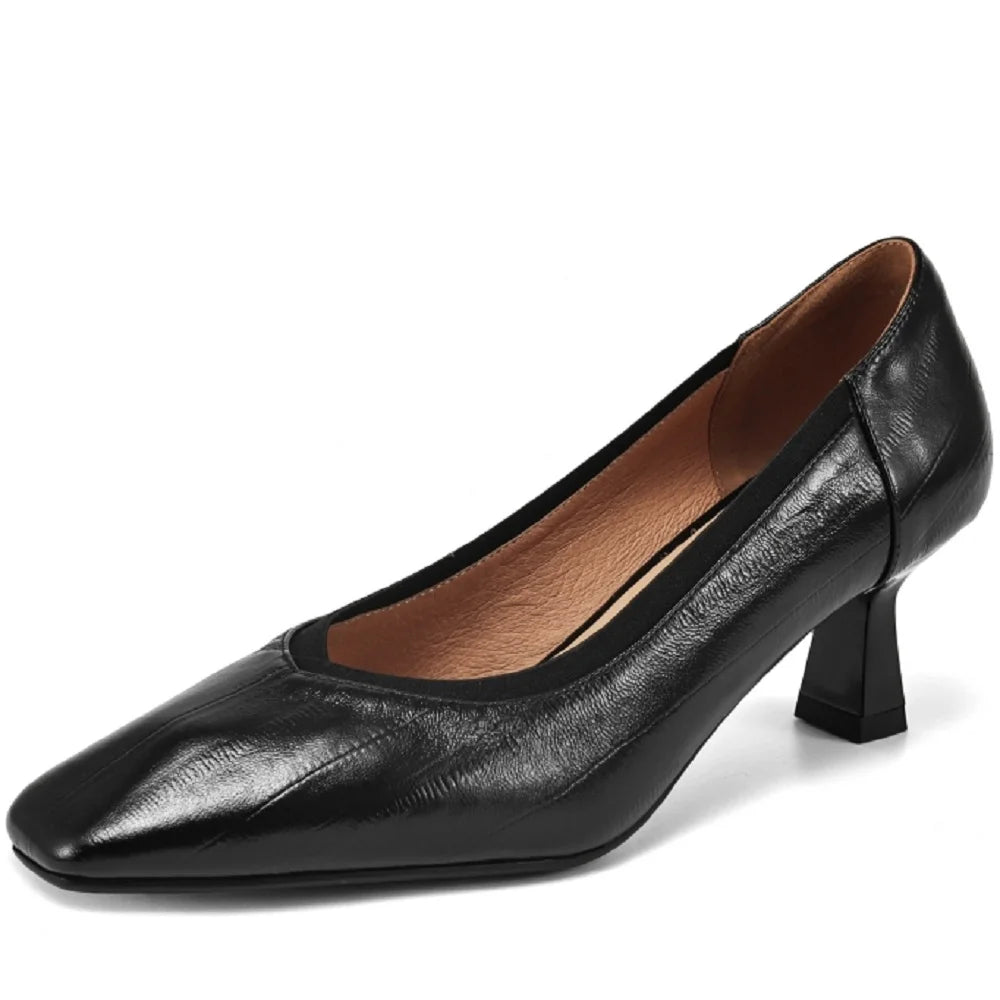 【JOCHEBED HU】Brand Genuine Leather Square Toe Women Pumps Slip Mid Heels Solid Color Dress Party Spring Autumn Shoes Handmade