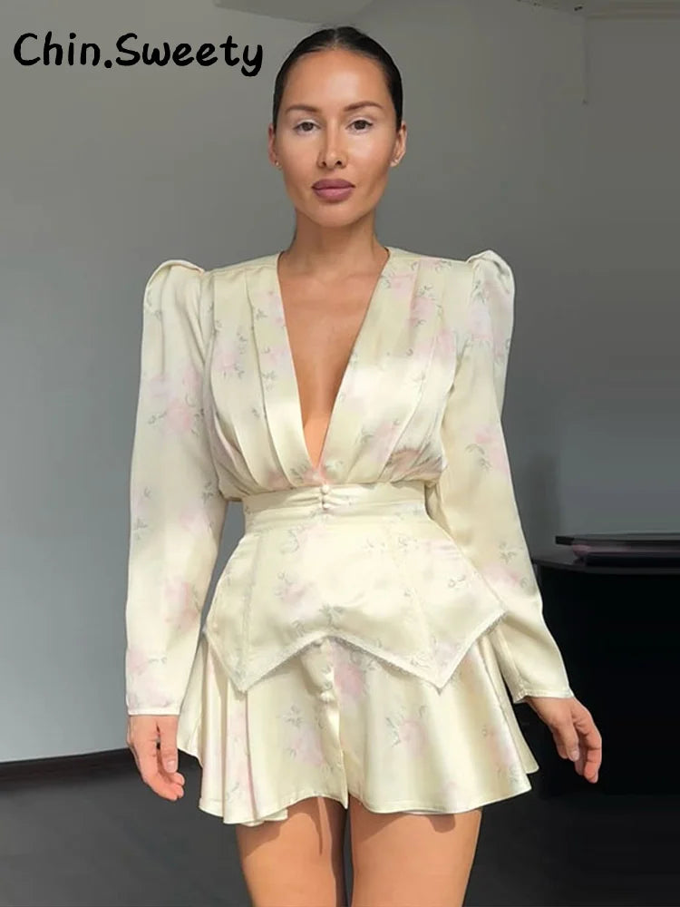 Elegant Women's Printed Waistband Short Dress Deep V-neck Long Puff Sleeve Pleated Dresses 2026 Summer Lady Holiday Party Robe