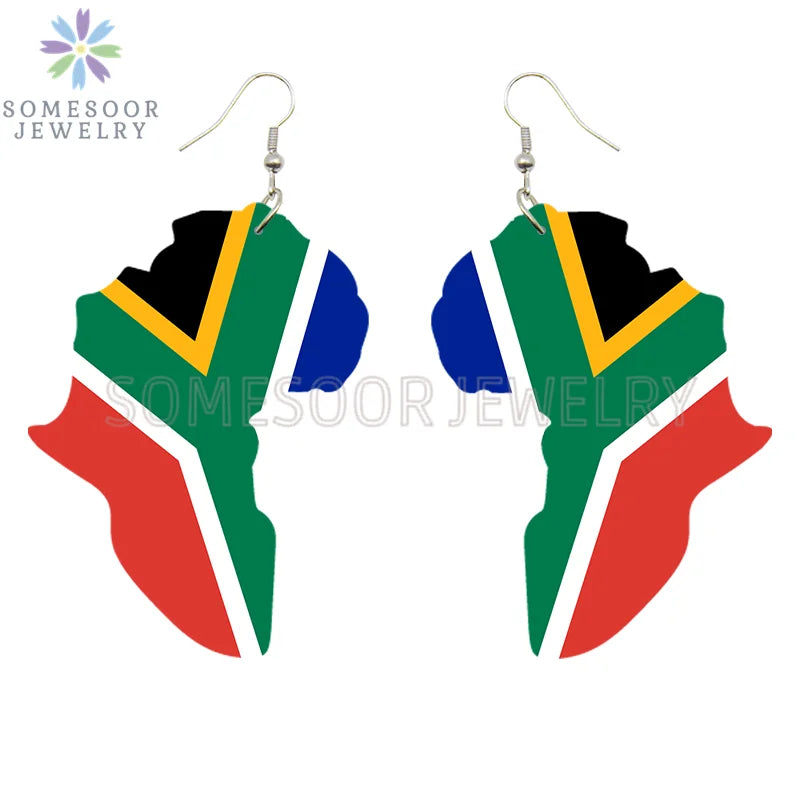 SOMESOOR Afro Countries National Flags Print Africa Map Wooden Drop Earrings Pendant For Women African Mainland Dangle Jewelry