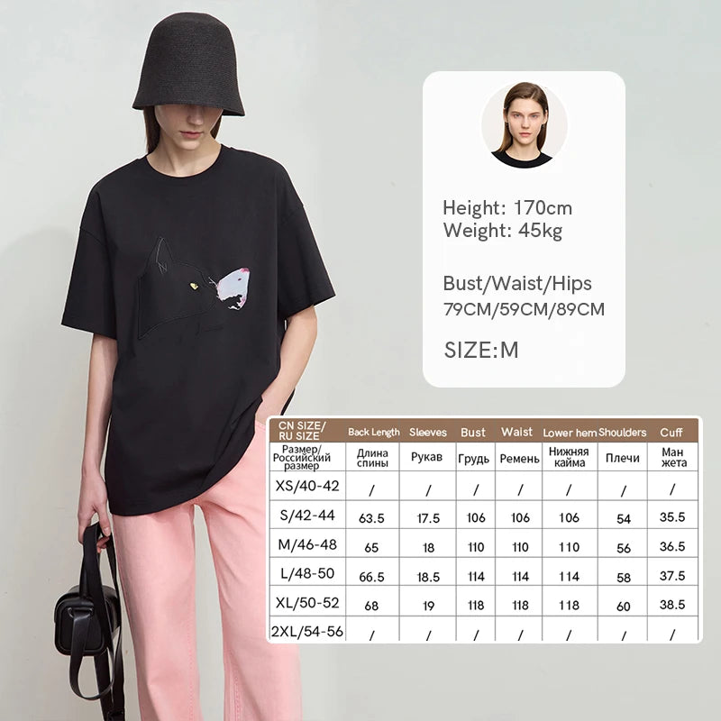 AMII Summer Casual T-shirt for Women 2025 Print Round Neck Short Sleeve Shirts Lady Fashion New Loose Clothes Woman 12522007