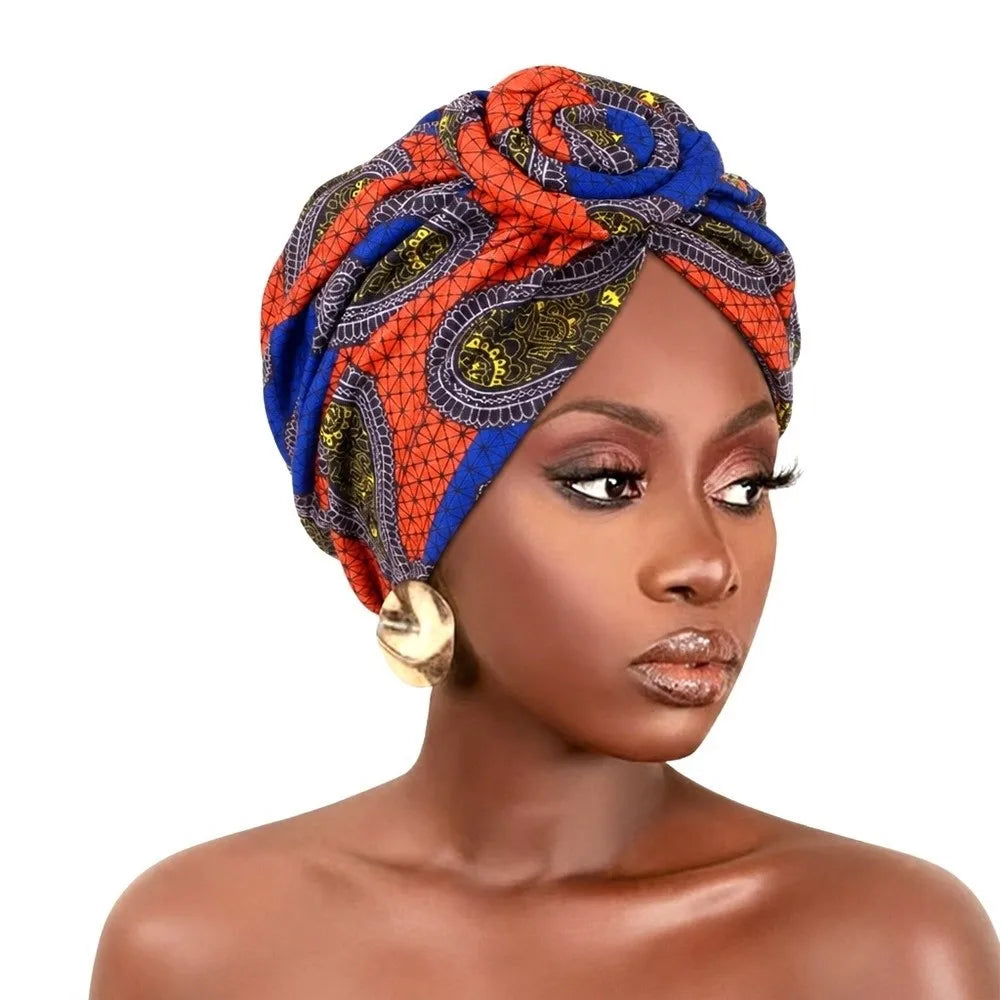 Fashion African Print Hijab Caps Pleated Wrap Twist Knot Turban Hat Elastic Knotted Style Floral Head Wrap All Match Decor