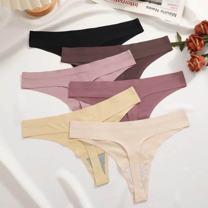 6PCS Women's S-XL Seamless G-String Underpants Low Rise Solid Color Ice Silk Undewear Female Traceless Soft Comfortable Lingerie