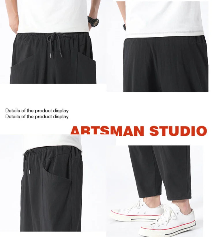 100% Cotton Men's Summer Casual Loose Pants Trendy Japanese Style Cropped Pants for plus Size Men up to 5XL