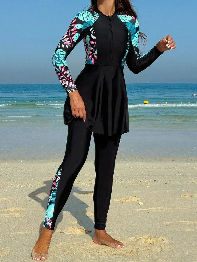 Burkini Femmes Swimwear Long Sleeve Black Tunic Swimsuit Full Leggings Front Zipper Swimming Suit Sun Protection Two Piece