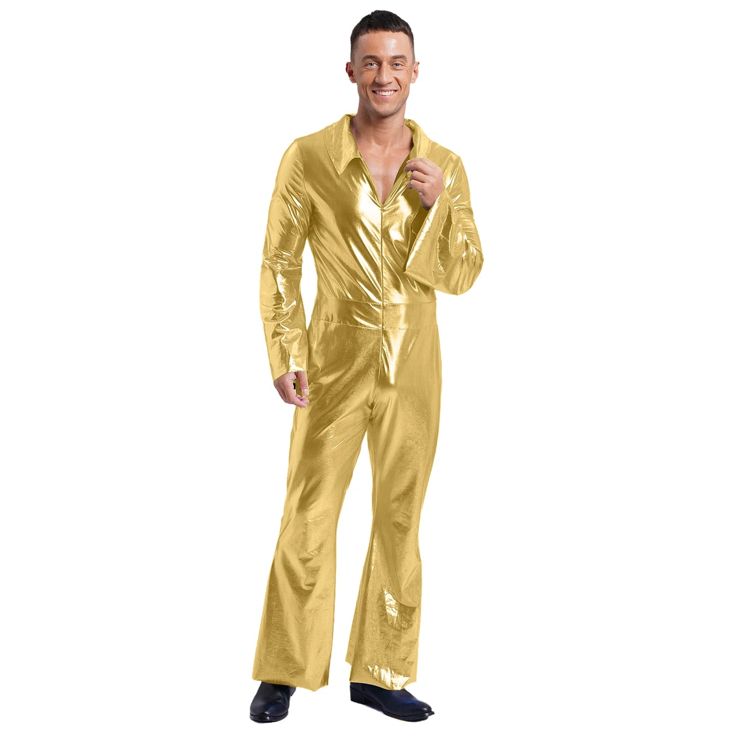 Mens 70s Disco Hippies Jazz Dance Performance Costume Metallic Shiny Unitards Jumpsuit Wide Leg Pants Rompers Vintage Clubwear