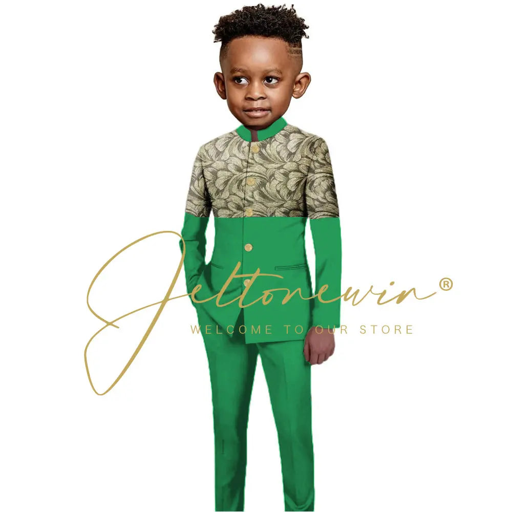 African Style Boys Suit Burgundy Gold Floral Jacket Pants 2 Piece Set Stand Collar Blazer Wedding Tuxedo Kids Formal Party Dress