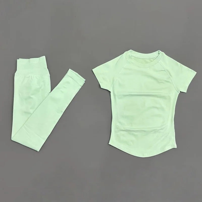 2 Pieces HISTELLO Yoga Set Women Short Sleeve Crop Top Low Waist Butt Lifter Leggings Seamless Breathable Stretch Fitness Sets