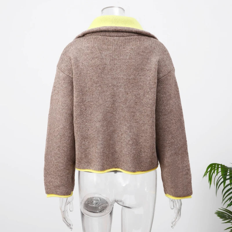Fashion Contrasting Knitted Cardigan for Women Elegant Long Sleeve Pockets Zipper Sweater 2026 Spring Street Lady Chic Outwear