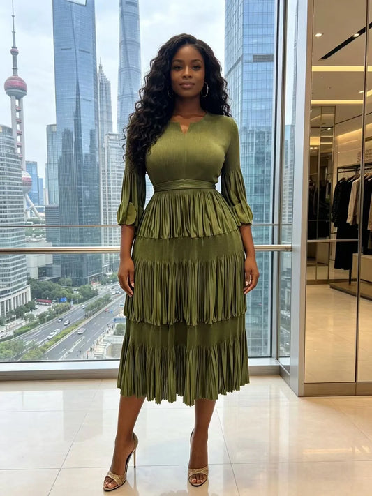 African Cake Dress Women's Summer Miyake Pleated Elegant Temperament Fashion Loose V-neck Dress