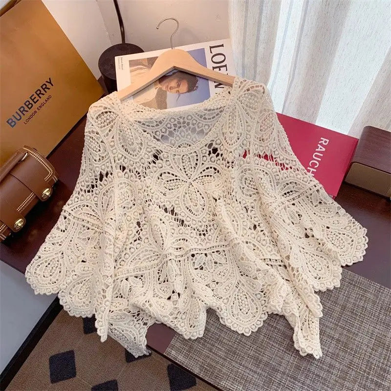 2024 Summr New Versatile Retro Sweet Lace Cut-out Crochet Shawl Cropped Top Summer Three Quarter-sleeve Hollow Out Top