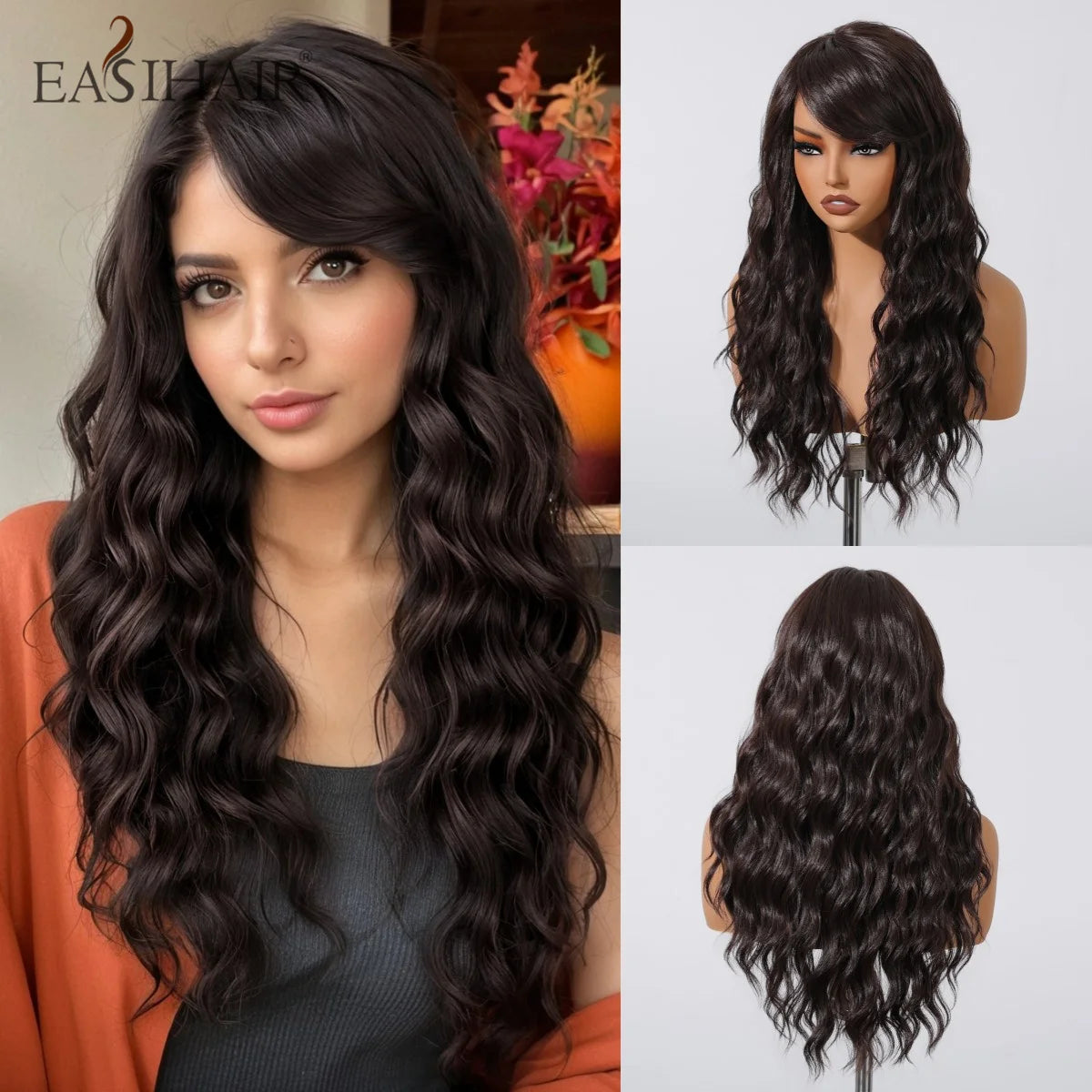 EASIHAIR Dark Brown Long Curly Synthetic Wig with Bangs Brown Women's Wigs for Cosplay Daily Use Heat Resistant Natural Hair