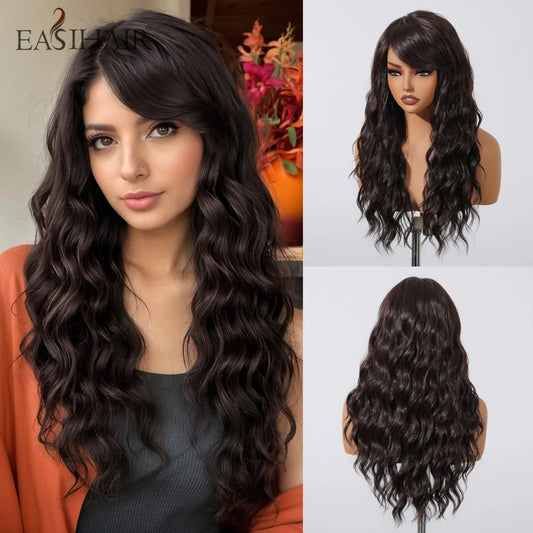 EASIHAIR Dark Brown Long Curly Synthetic Wig with Bangs Brown Women's Wigs for Cosplay Daily Use Heat Resistant Natural Hair