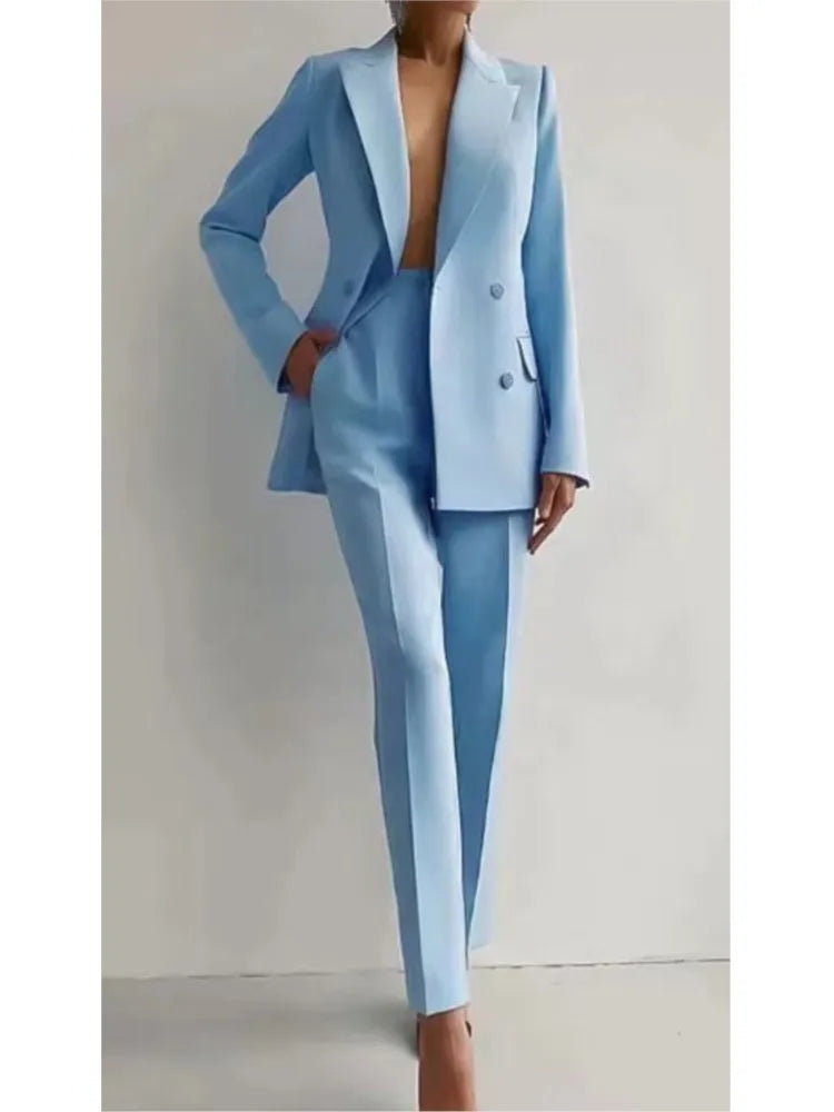Spring Casual Long Sleeve Two Piece Blazer Pants Suit For Women Office Wear