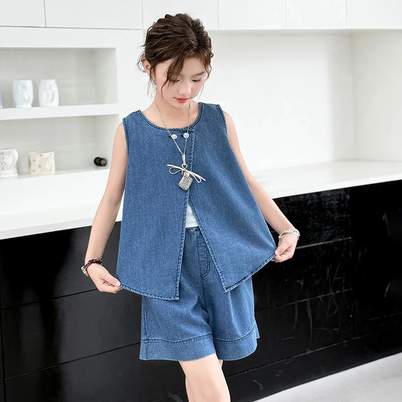 High Fashion Children Summer Denim Suit for Girls Casual Vest + Shorts 2 Piece Clothing Set Kids Trendy Street Outfit Age 5-14 Y