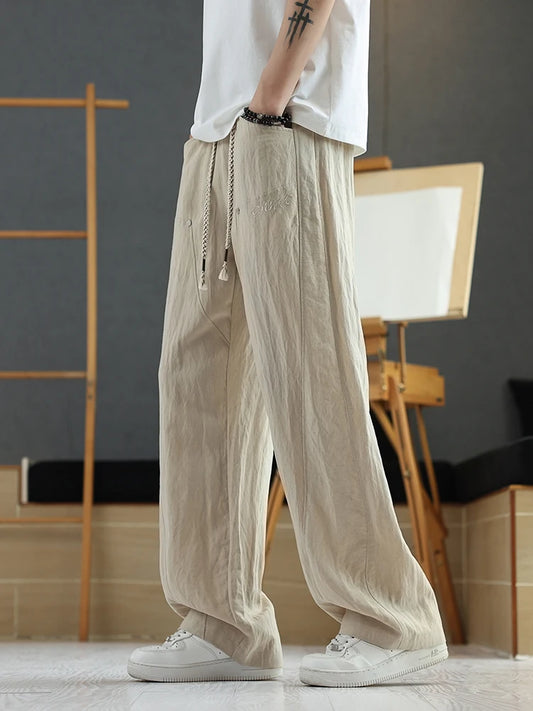 Summer Men's Linen Casual Pants Lightweight and Cool Lyocell Blend Wide Leg Straight Sweatpants Drape Slacks