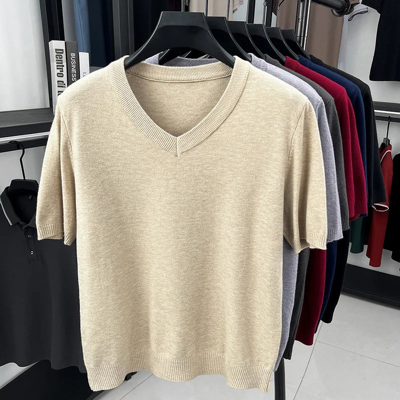 Mens V Neck Short Sleeve Wool Knit Pullover Soft Thin Knitwear For Business Office Daily Casual Spring Summer Basic Tops