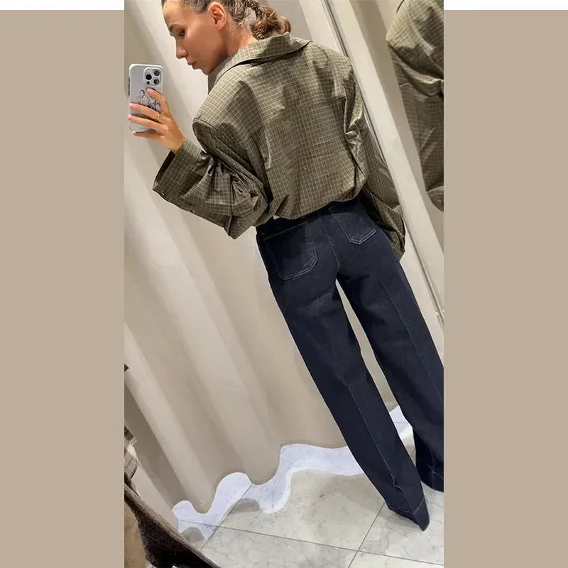 Casual Women's Green Plaid Shirts Loose Lapel Long Sleeve Single Breasted Pockets Female Shirt 2025 Autumn Lady All-match Tops