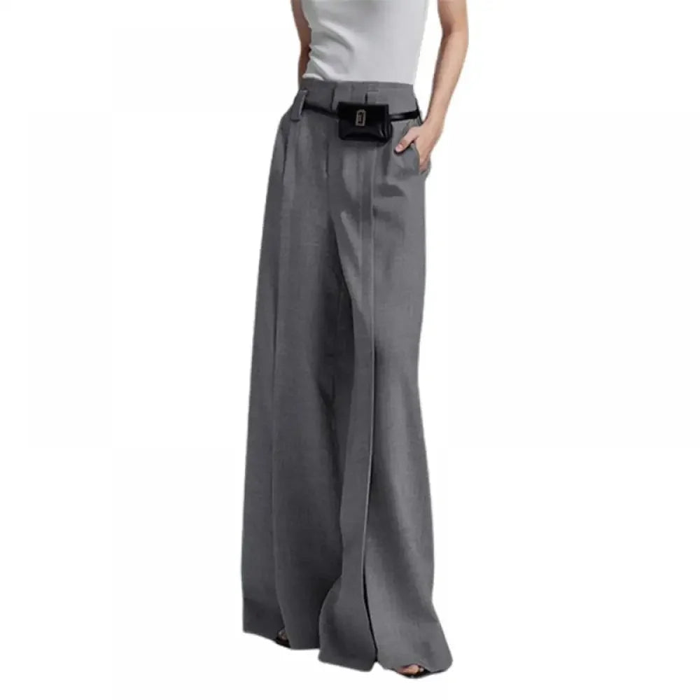 Yeezzi Women Business Suit Pants High Waist Pleated Split Front Trousers Black