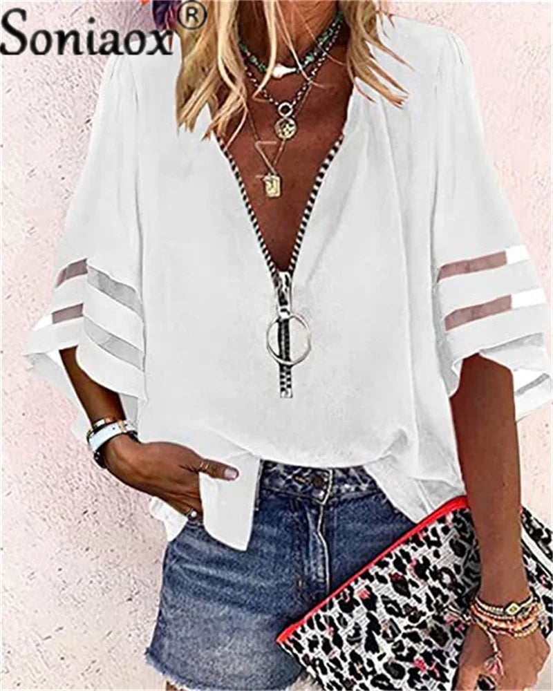 Sexy Lace Patchwork Flared Sleeve Mesh Solid Shirt Blouse 2022 Summer Women Zipper V-Neck Loose Casual Tops T-Shirt Streetwear