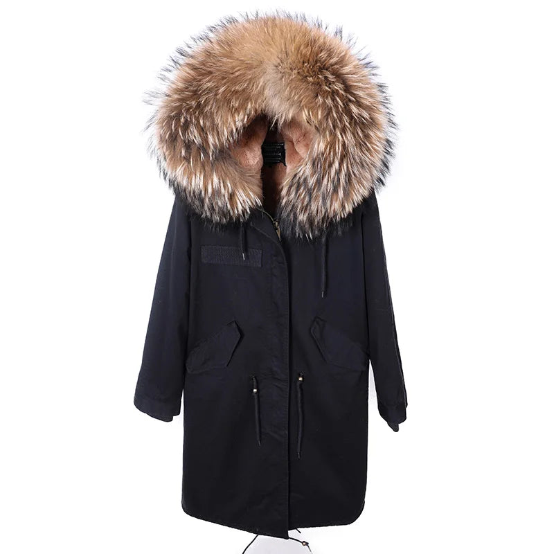 Maomaokong Winter Woman Natural Fur Overcoat Plus Size Black Parkas Raccoon Real Fur Lining Extra Larg Warm Jacket Coats Long