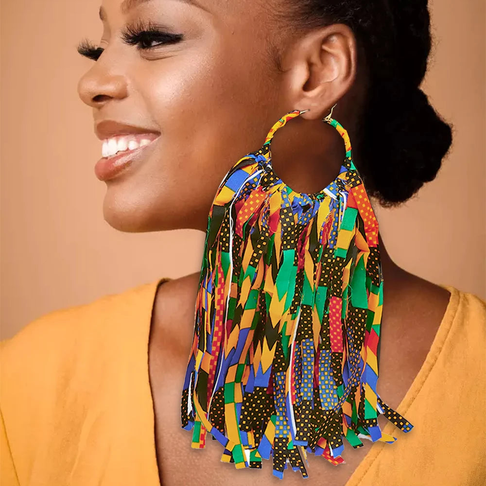 African Fabric Earrings Handmade Drop Tassels Earrings For Women Ethnic African Print Ankara Big Oversized Earings Daily Wear